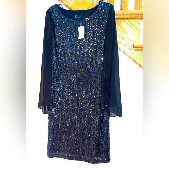 Women’s Formal Dress Navy CONNECTED APPAREL Chiffon Long Sleeves Sheath Sequins - Picture 6 of 9